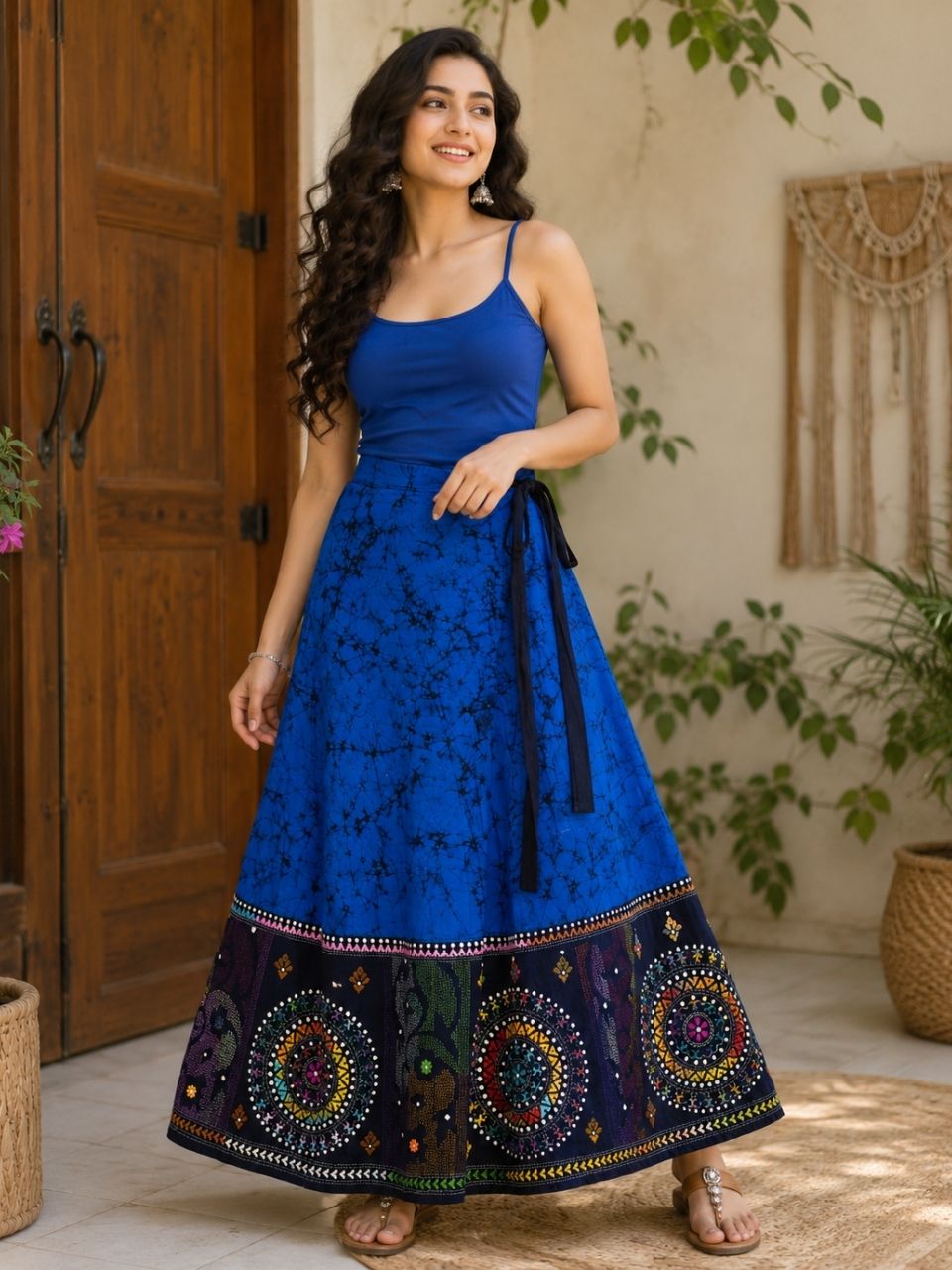 Kantha Royal Blue Avi Batik Cotton Wrap Indian Skirt