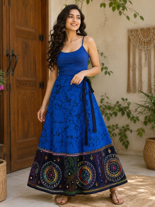 Kantha Royal Blue Avi Batik Cotton Wrap Indian Skirt