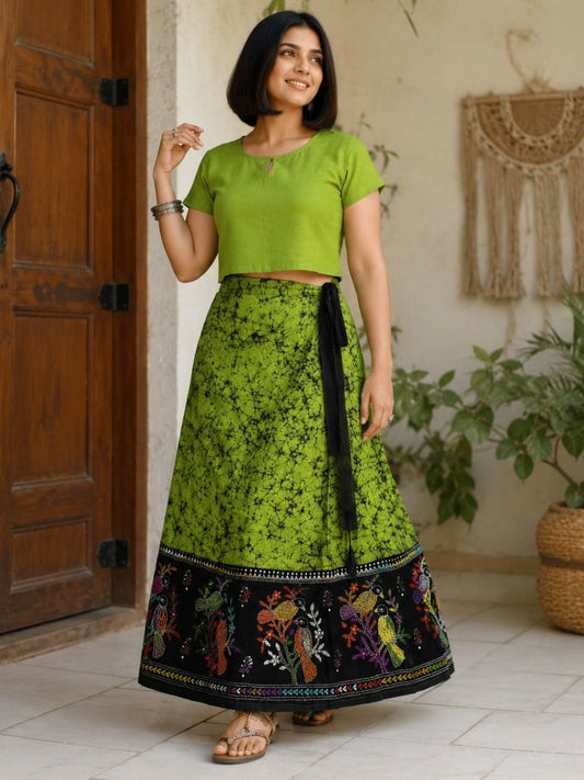 Kantha Green Guli Batik Cotton Wrap Indian Skirt