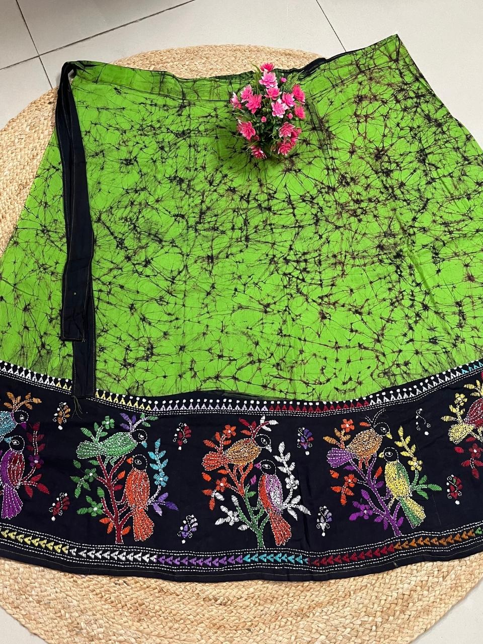 Kantha Green Guli Batik Cotton Wrap Indian Skirt