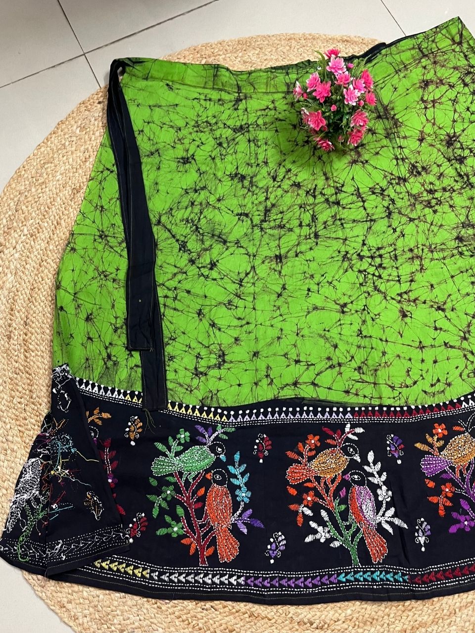 Kantha Green Guli Batik Cotton Wrap Indian Skirt
