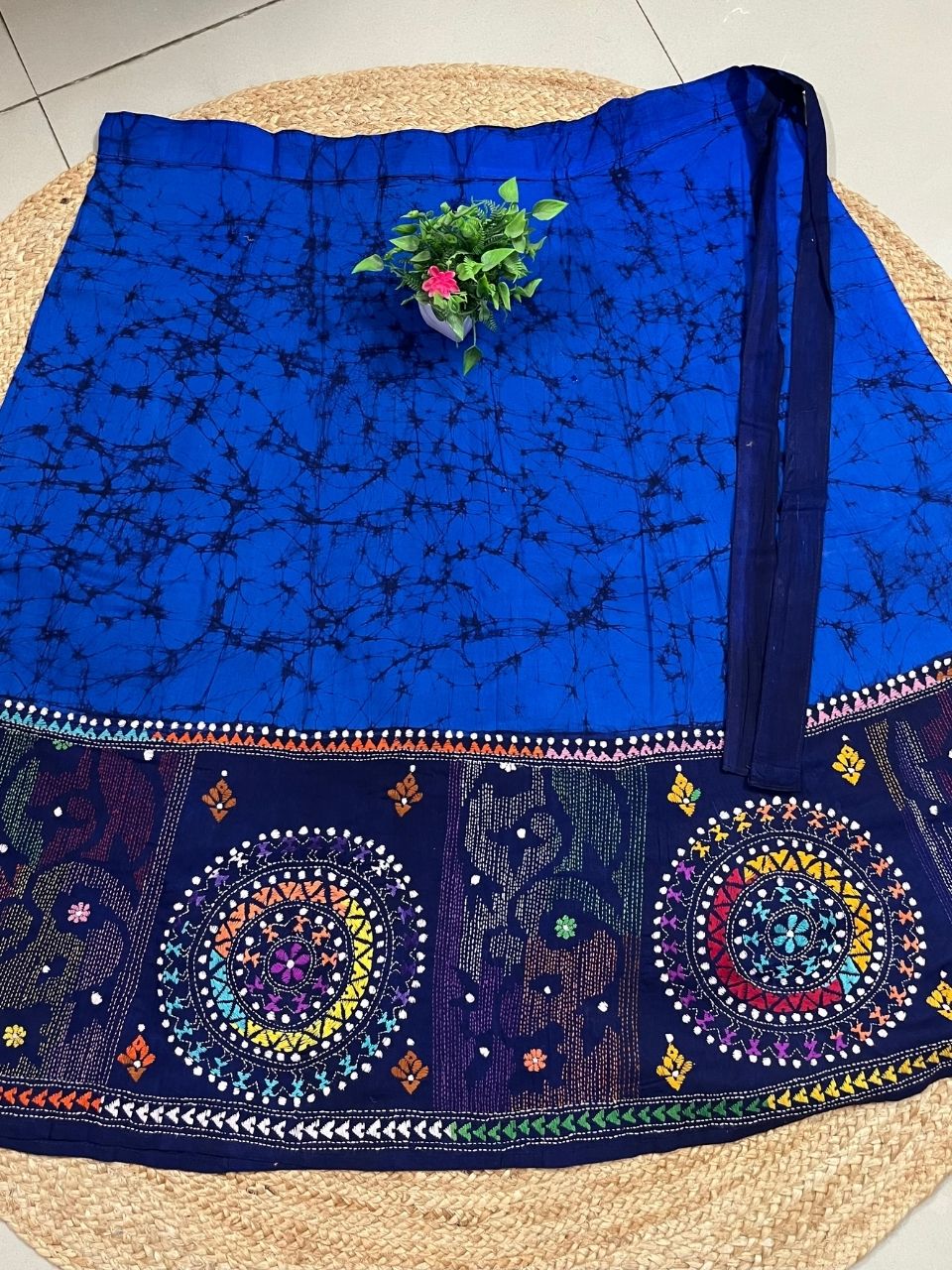 Kantha Royal Blue Avi Batik Cotton Wrap Indian Skirt