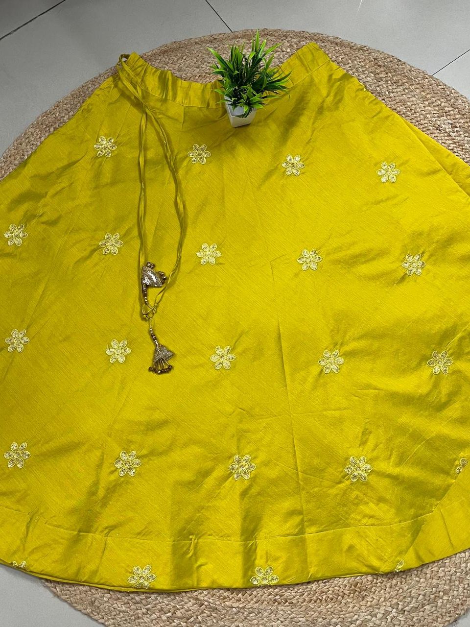 Chanderi Silk Yellow Yamini Embroidered Indian Skirt