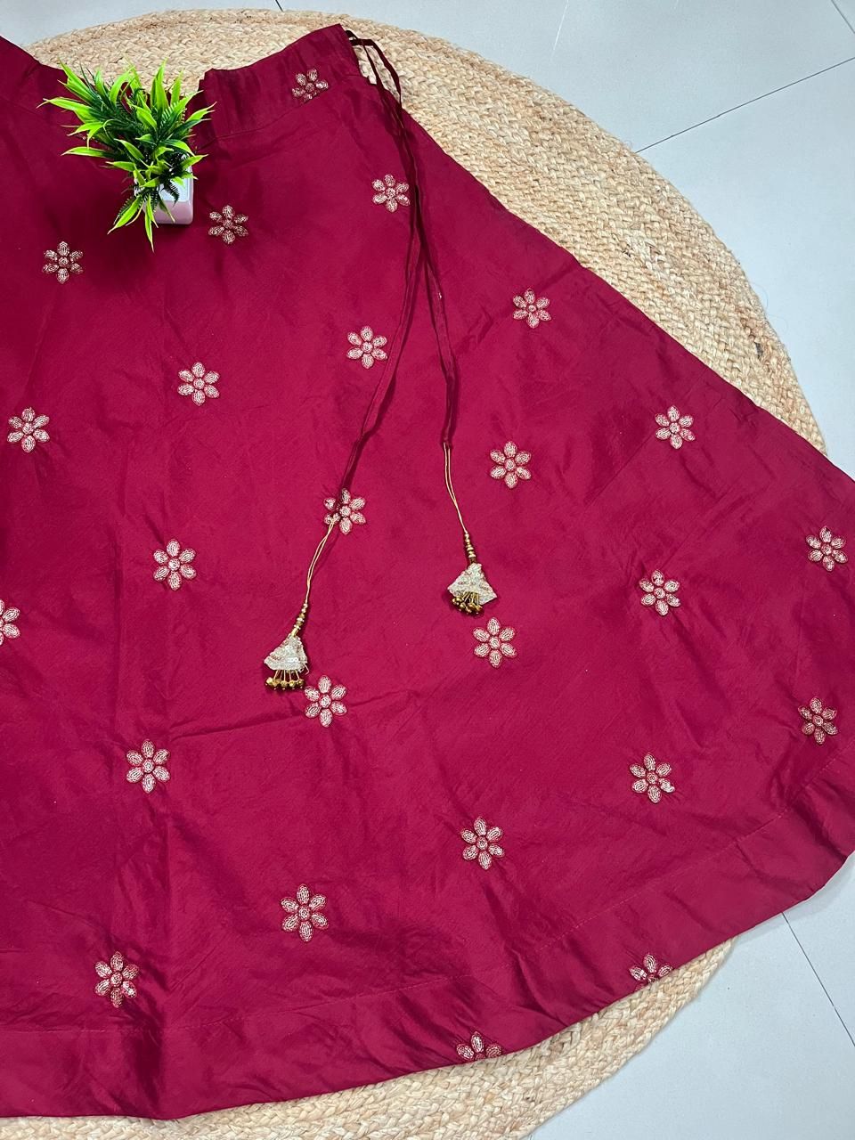 Chanderi Silk Maroon Mayara Embroidered Indian Skirt