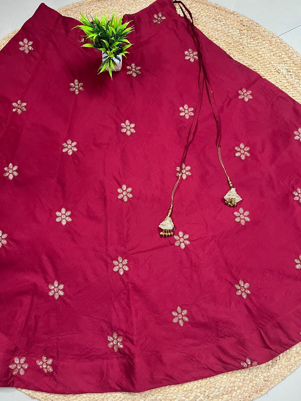 Chanderi Silk Maroon Mayara Embroidered Indian Skirt