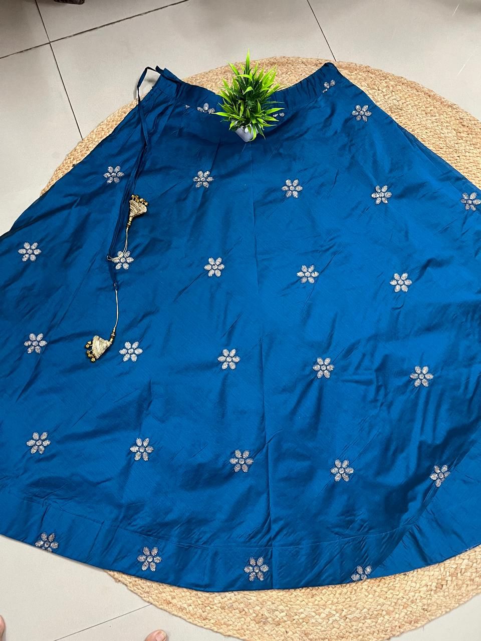 Chanderi Silk Teal Blue Mishti Embroidered Indian Skirt