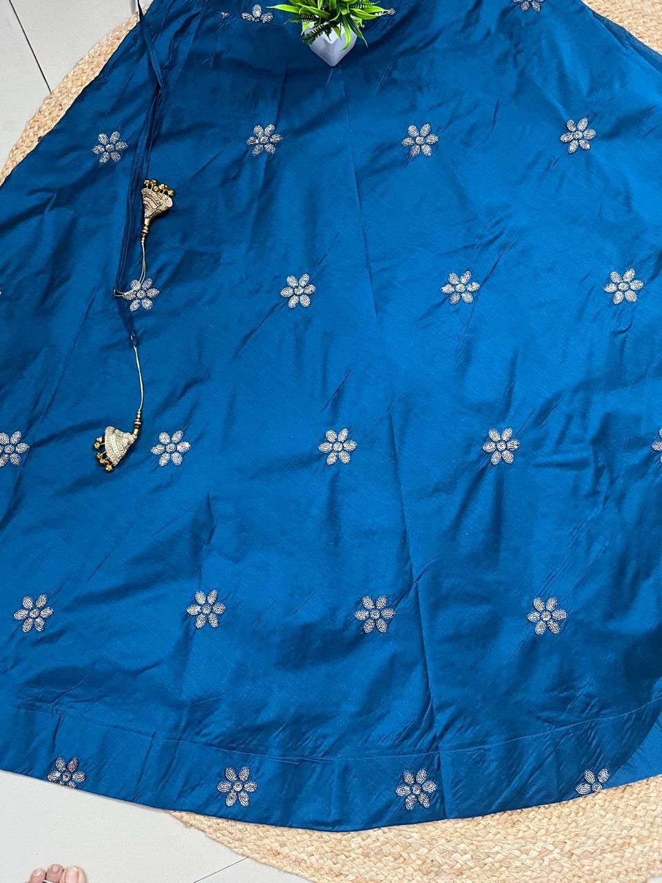 Chanderi Silk Teal Blue Mishti Embroidered Indian Skirt