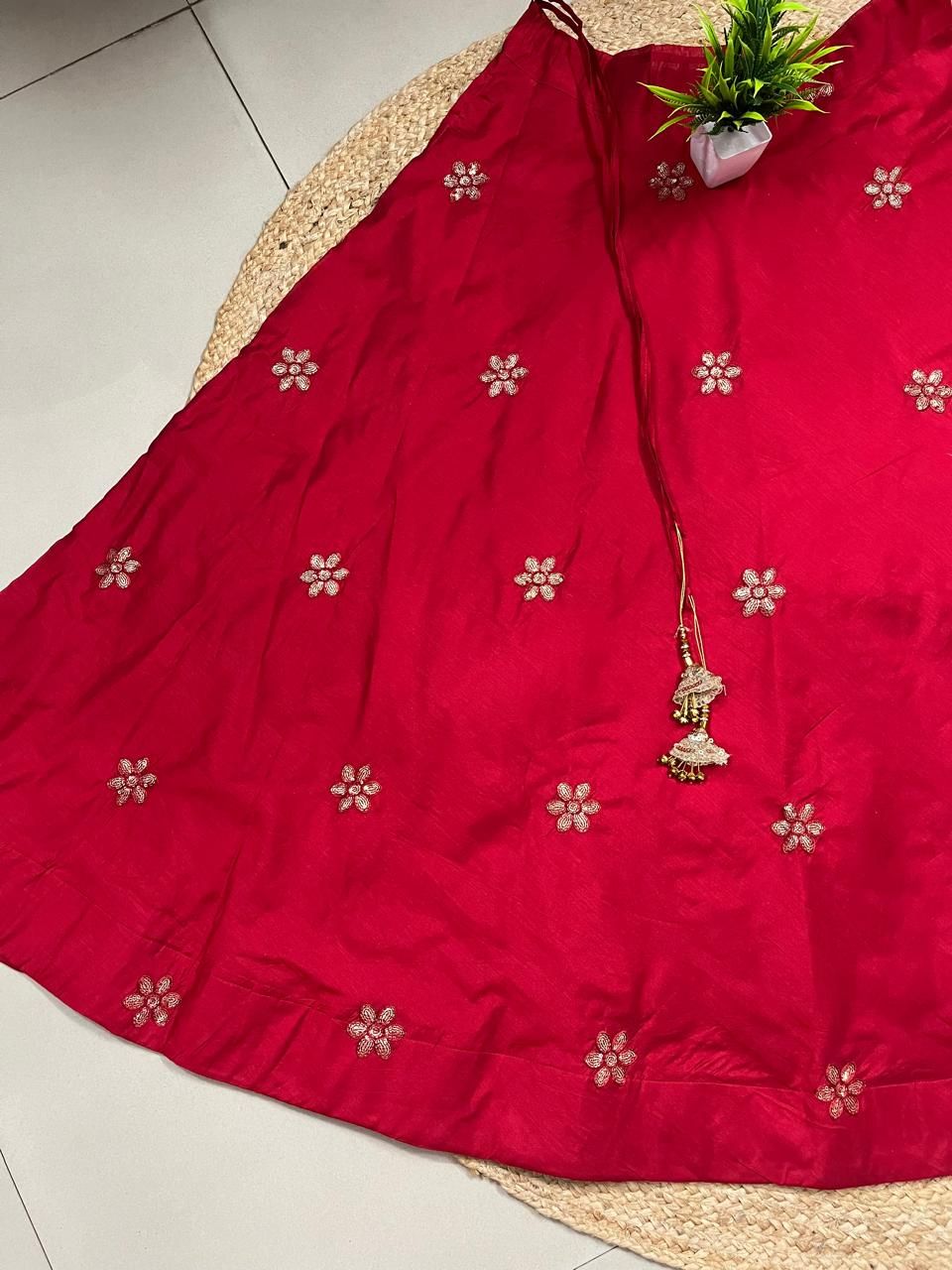 Chanderi Silk Red Chaitali Embroidered Indian Skirt