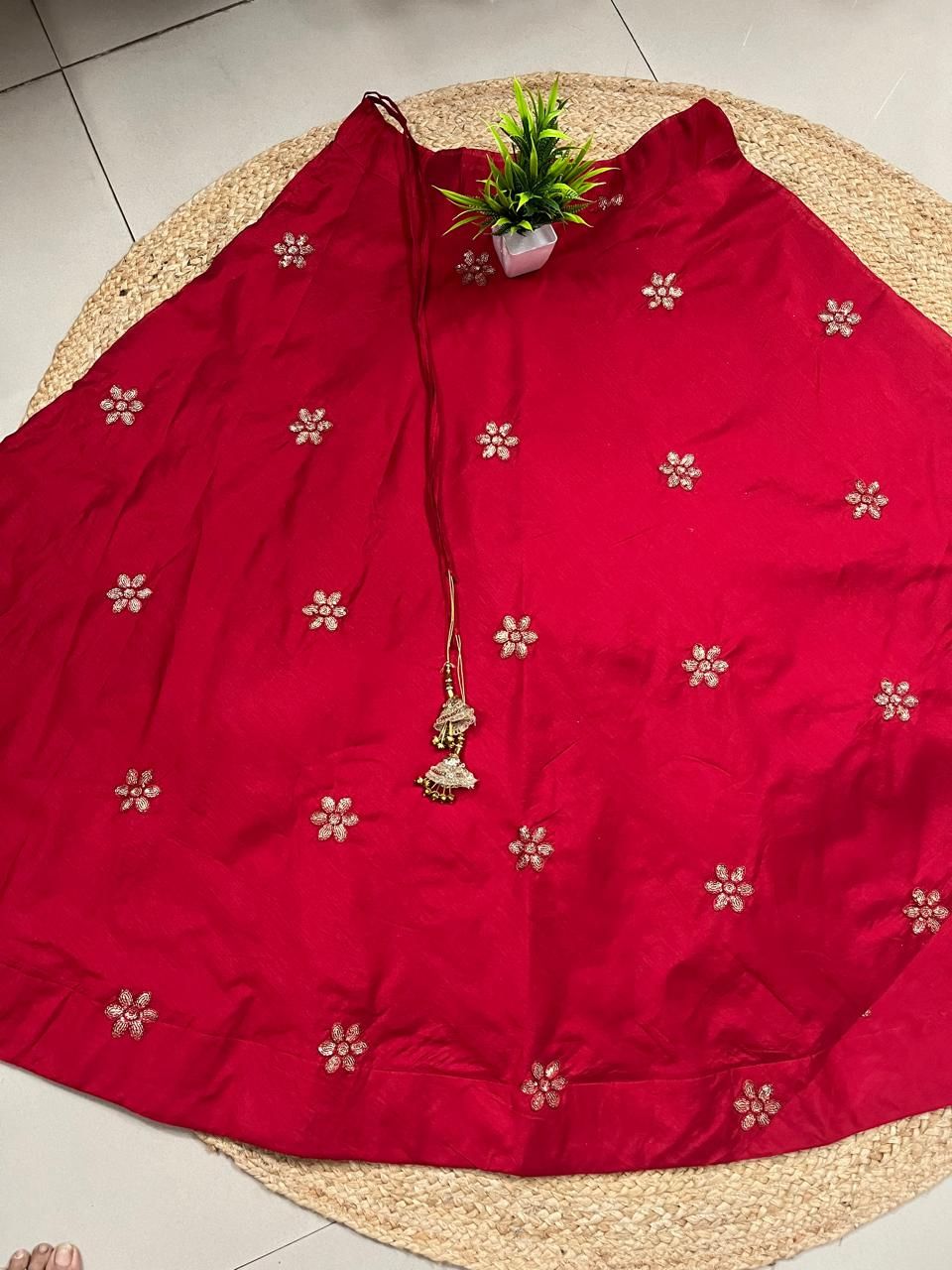 Chanderi Silk Red Chaitali Embroidered Indian Skirt