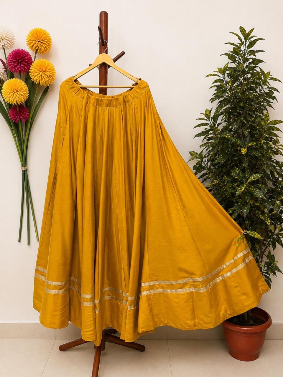 Flared Yellow Yogita Rayon Cotton Indian Skirt