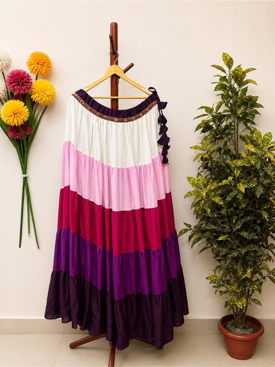 Garba Tiered Multicolour Rayon Indian Skirt-8 Meter