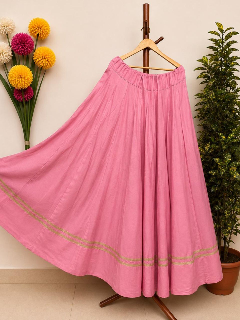 Garba Flared Pink Pari Rayon Cotton Indian Skirt