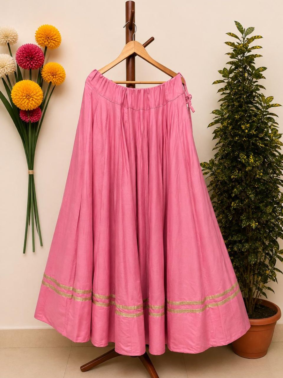 Garba Flared Pink Pari Rayon Cotton Indian Skirt