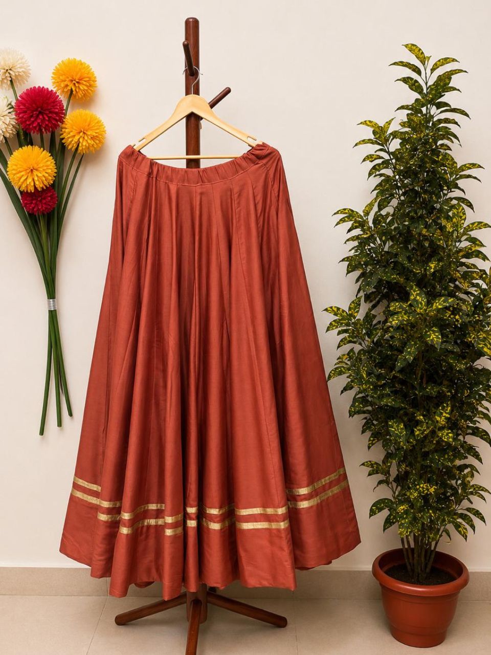 Garba Flared Coral Chitra Rayon Cotton Indian Skirt