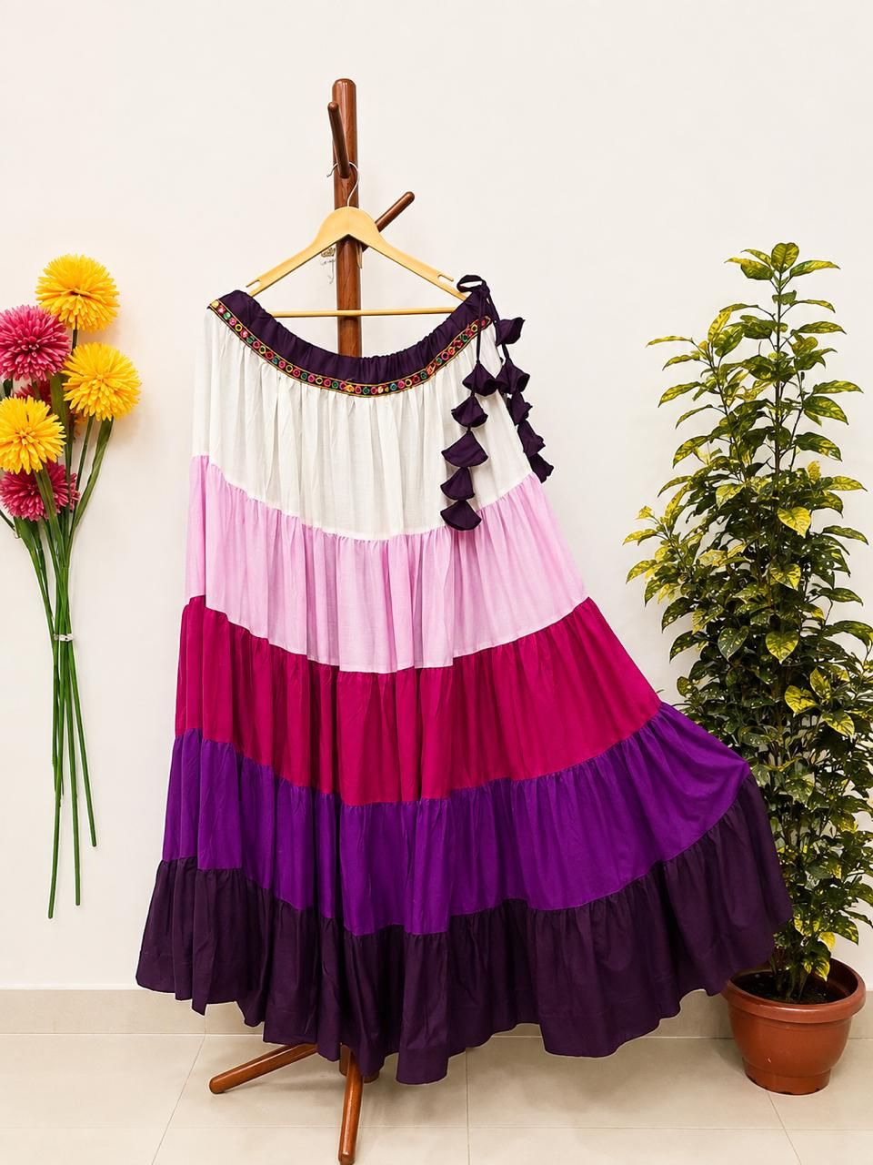 Garba Tiered Multicolour Rayon Indian Skirt-8 Meter