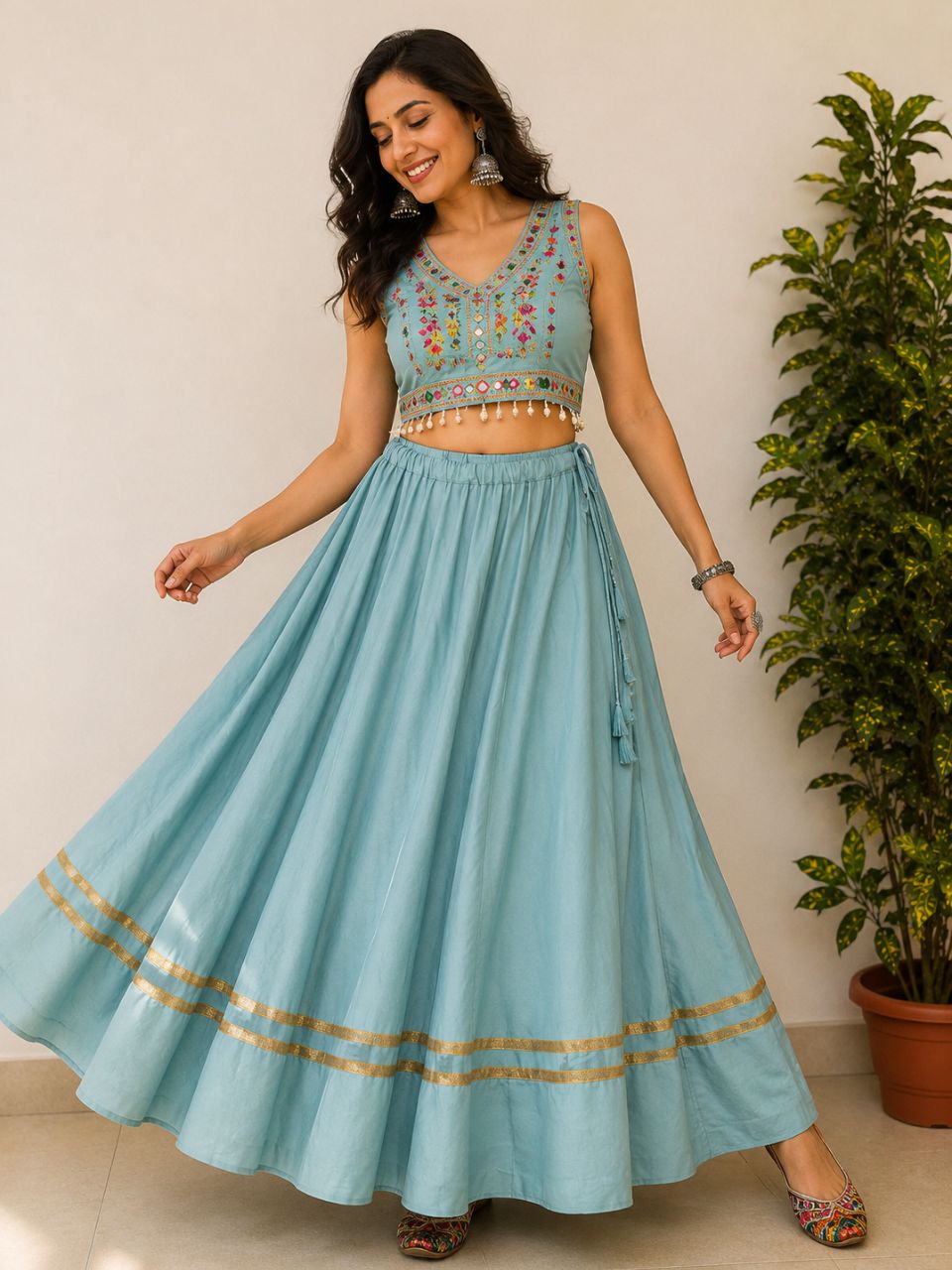 Garba Flared Blue Bhavna Rayon Cotton Indian Skirt
