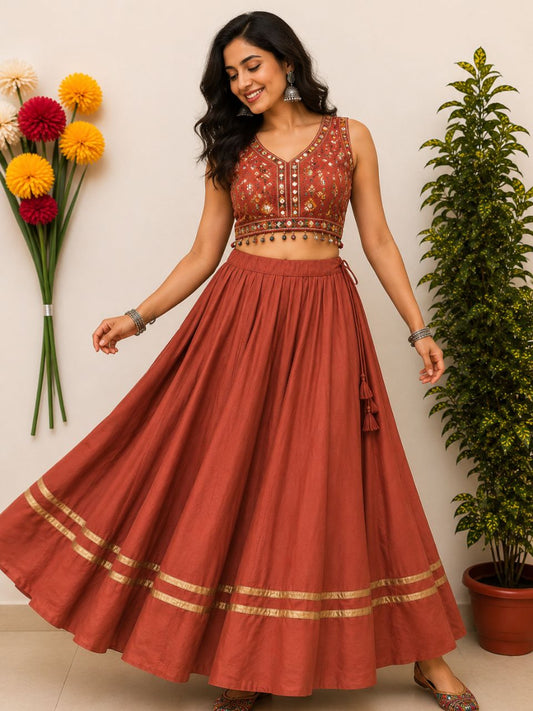 Garba Flared Coral Chitra Rayon Cotton Indian Skirt