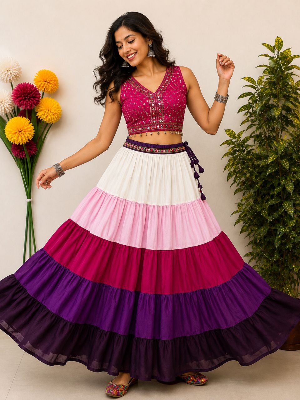 Garba Tiered Multicolour Rayon Indian Skirt-8 Meter
