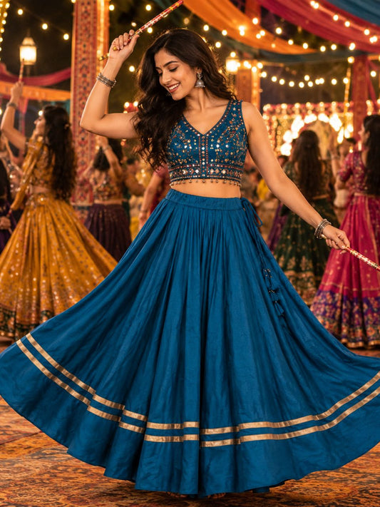 Garba Flared Blue Bani Rayon Cotton Indian Skirt