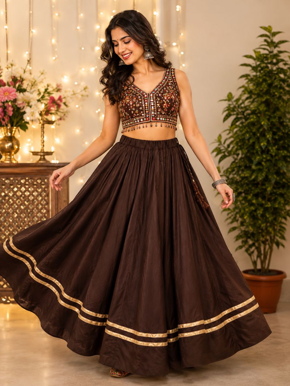 Garba Flared Brown Shaila Rayon Cotton Indian Skirt