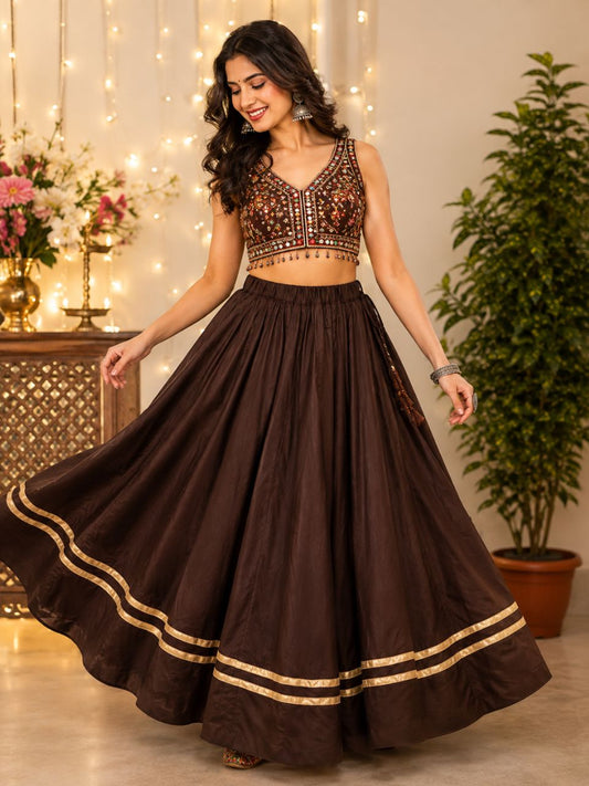 Garba Flared Brown Shaila Rayon Cotton Indian Skirt