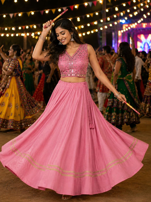 Garba Flared Pink Pari Rayon Cotton Indian Skirt