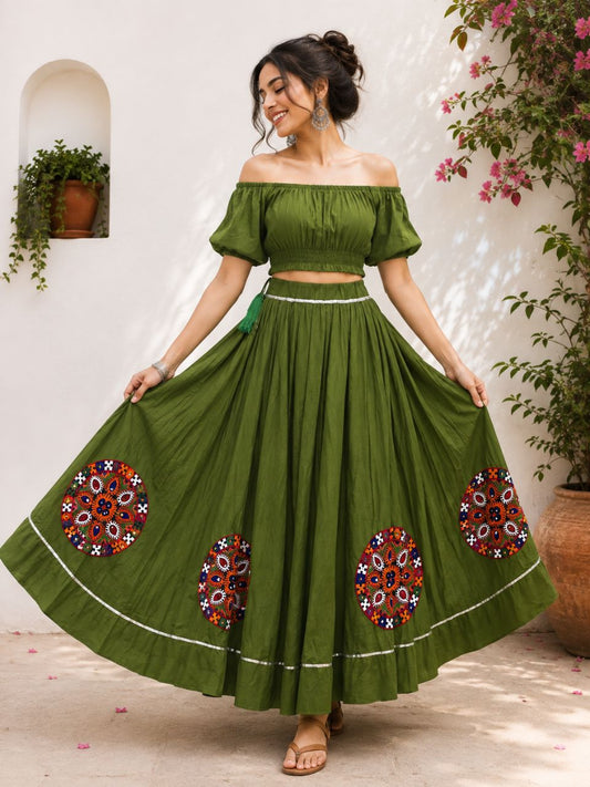 Garba Flared Green Krishna Cotton Indian Skirt