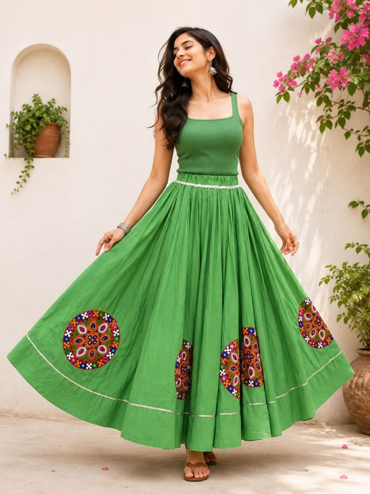 Flared Pista Green Rama Cotton Indian Skirt