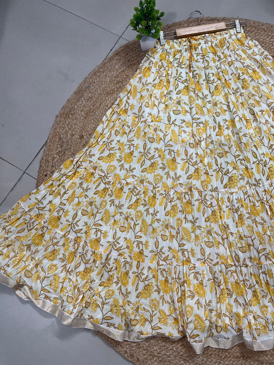 Mulmul Printed Pastel Yellow Kashi Indian Skirt