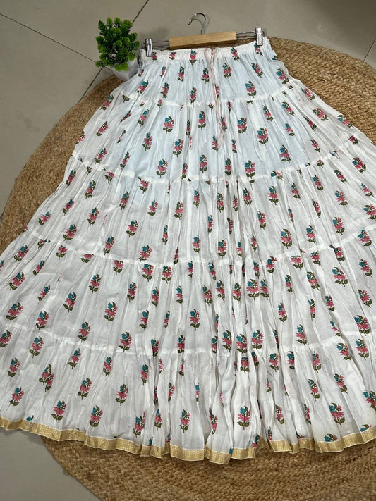 Mulmul Printed Pastel Cream Shweta Indian Skirt
