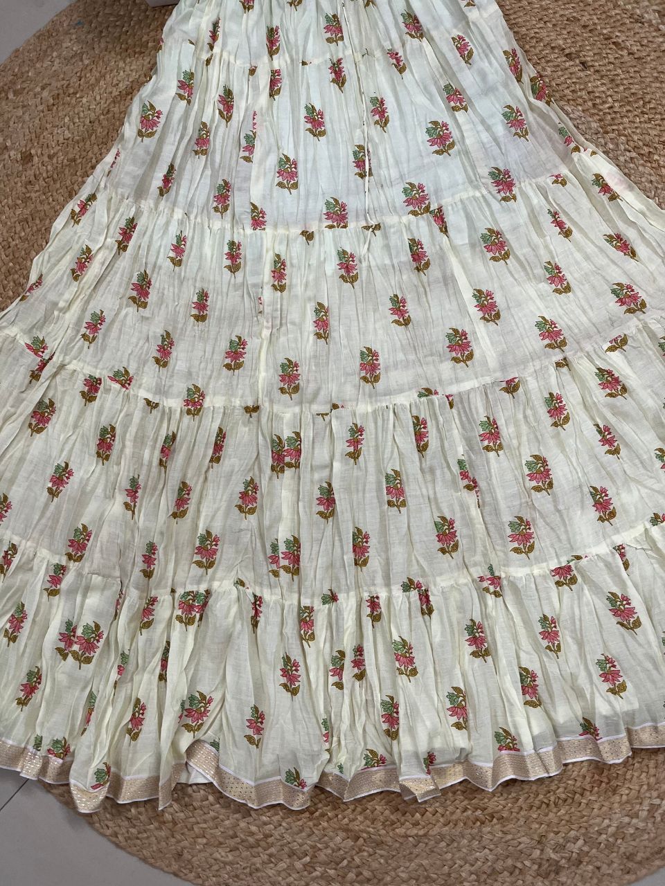 Mulmul Printed Pastel Cream Shweta Indian Skirt
