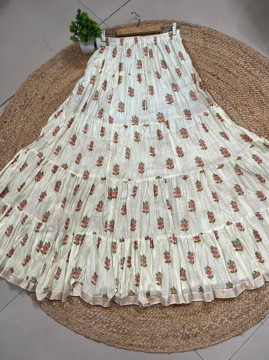 Mulmul Printed Pastel Cream Shweta Indian Skirt
