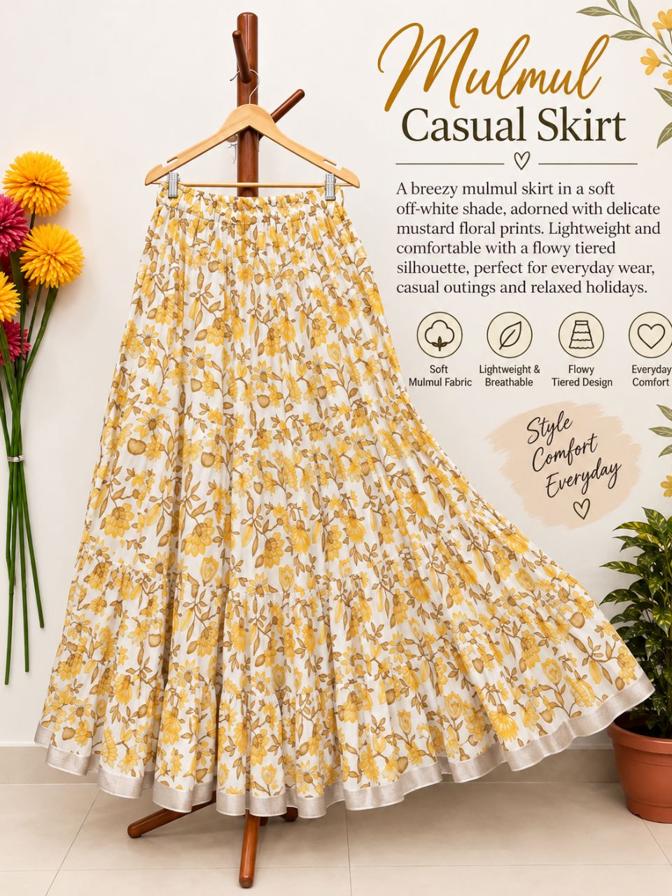 Mulmul Printed Pastel Yellow Kashi Indian Skirt