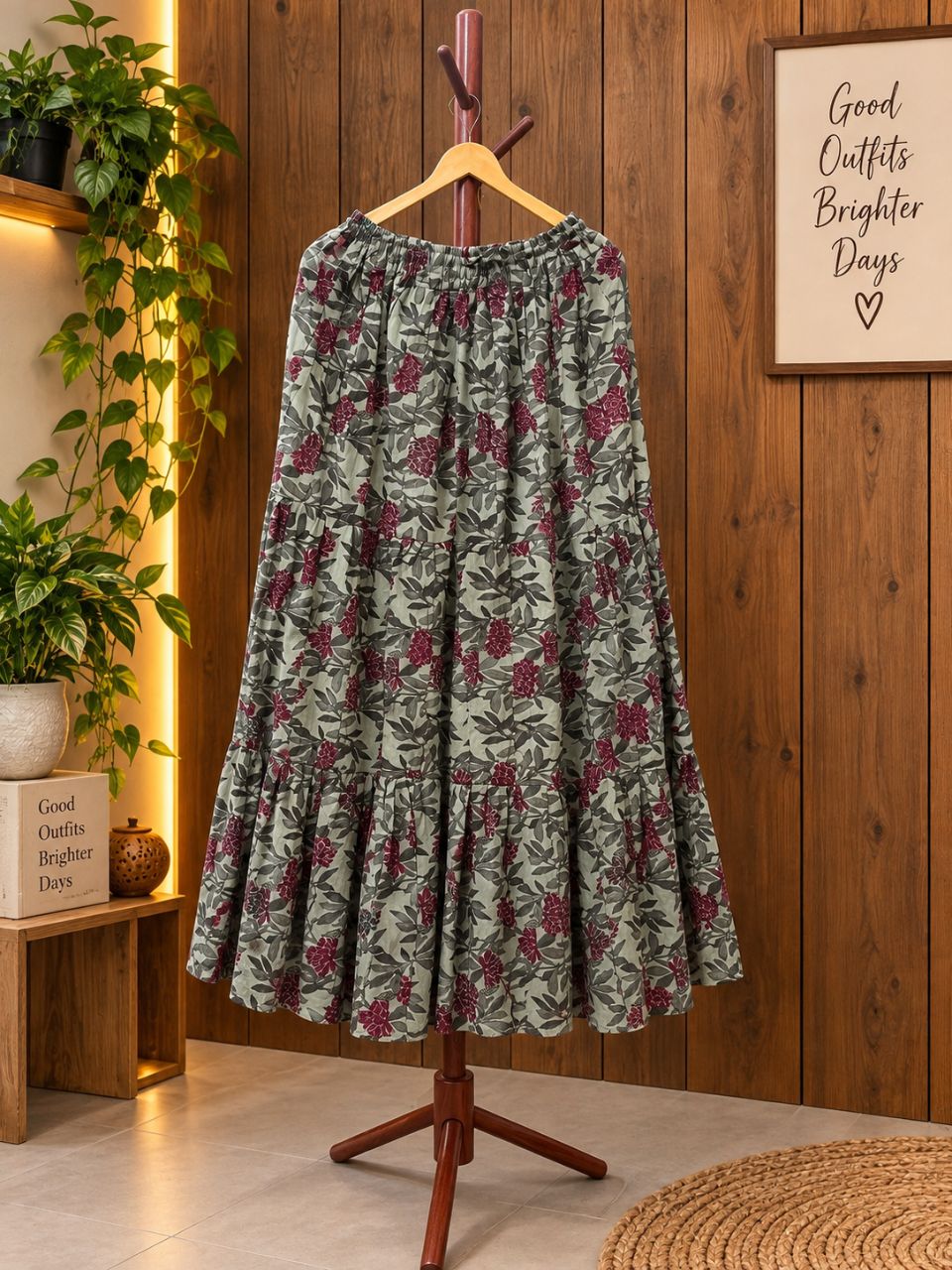 Casual Cotton Printed Sage Green Indian Skirt