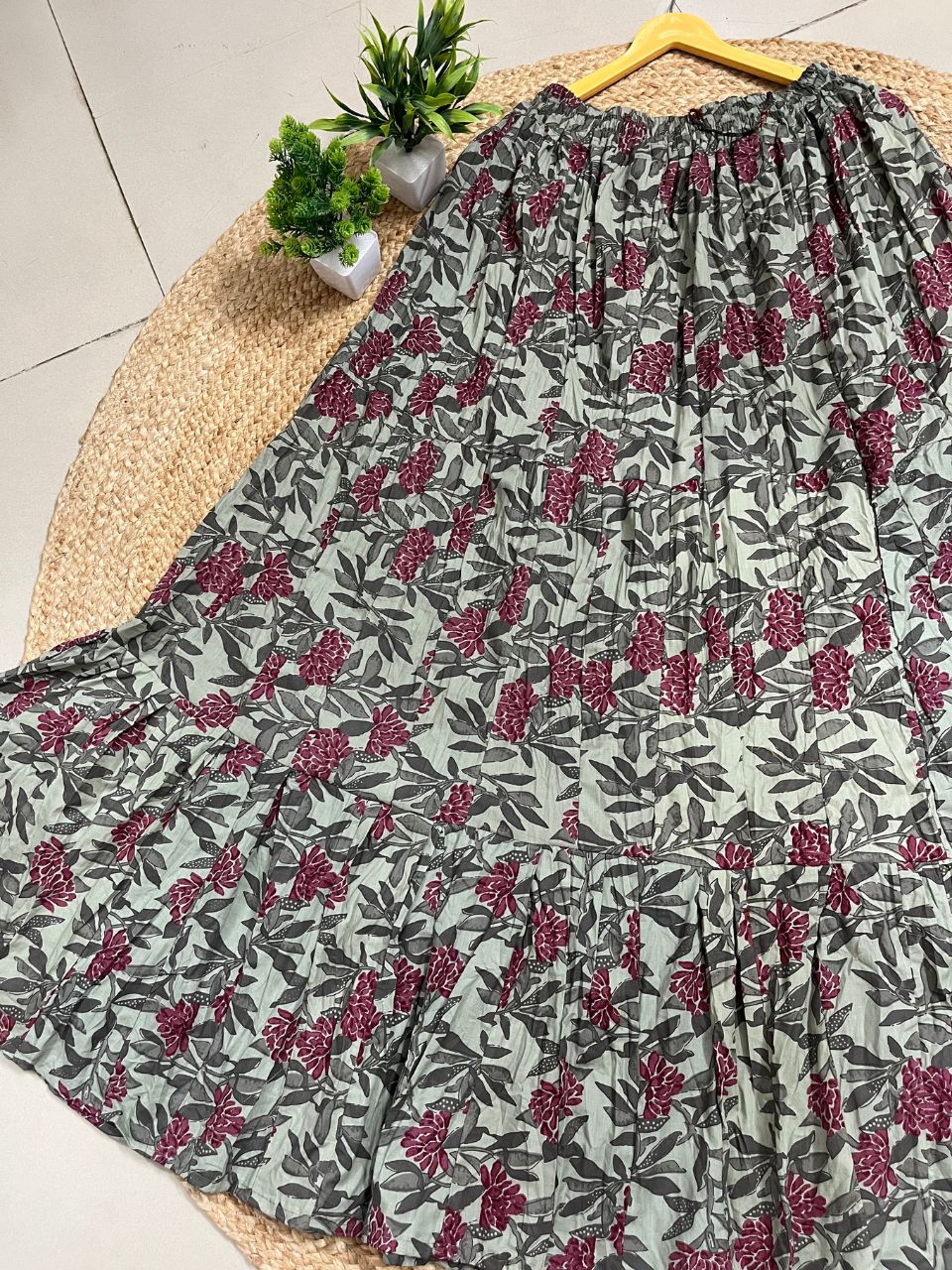 Casual Cotton Printed Sage Green Indian Skirt