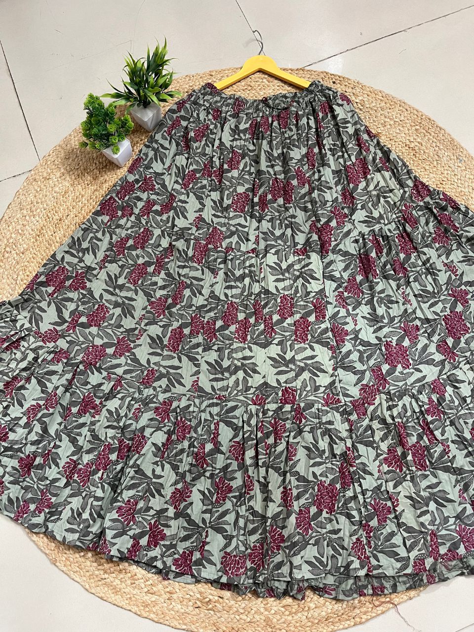 Casual Cotton Printed Sage Green Indian Skirt