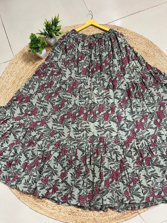 Casual Cotton Printed Sage Green Indian Skirt