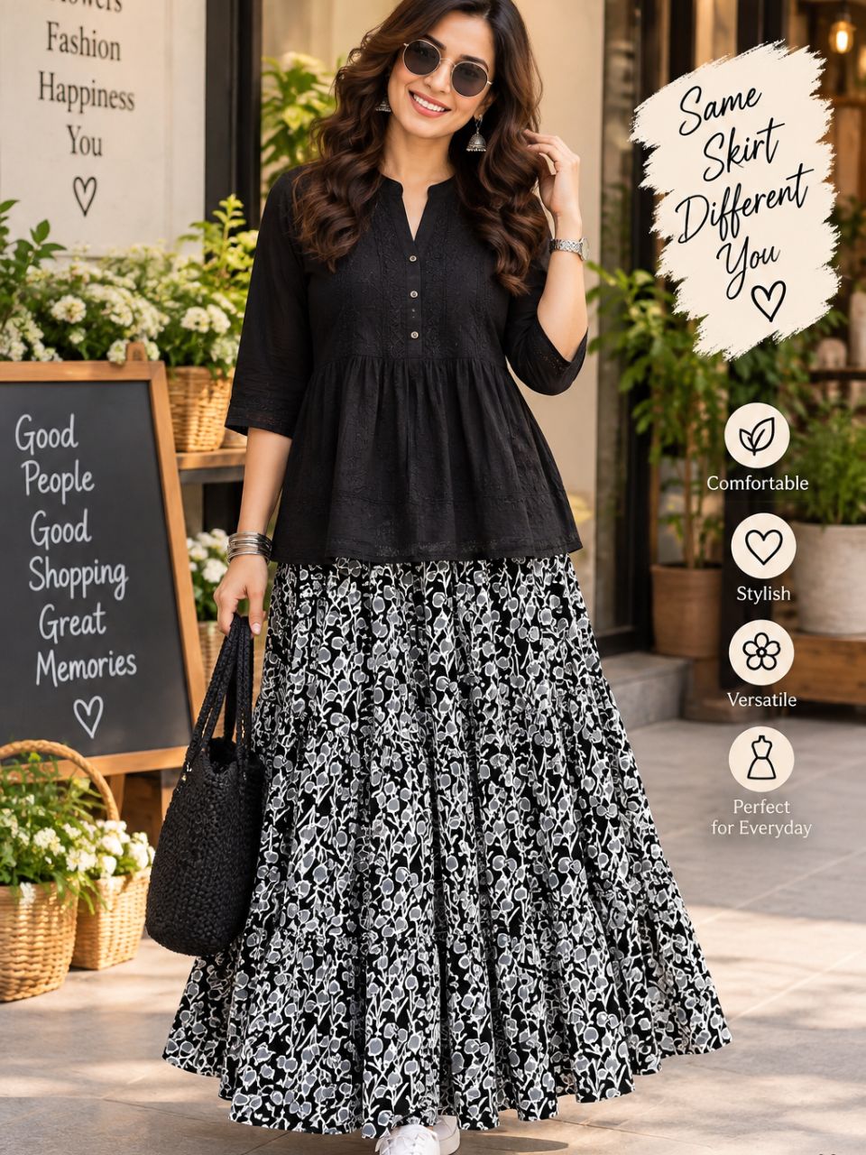 Casual Cotton Printed Black Kajol Indian Skirt