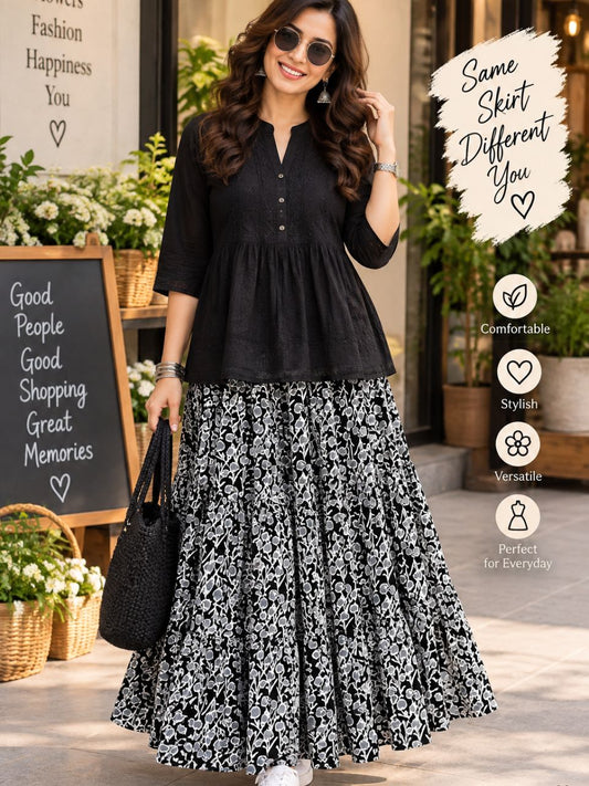 Casual Cotton Printed Black Kajol Indian Skirt
