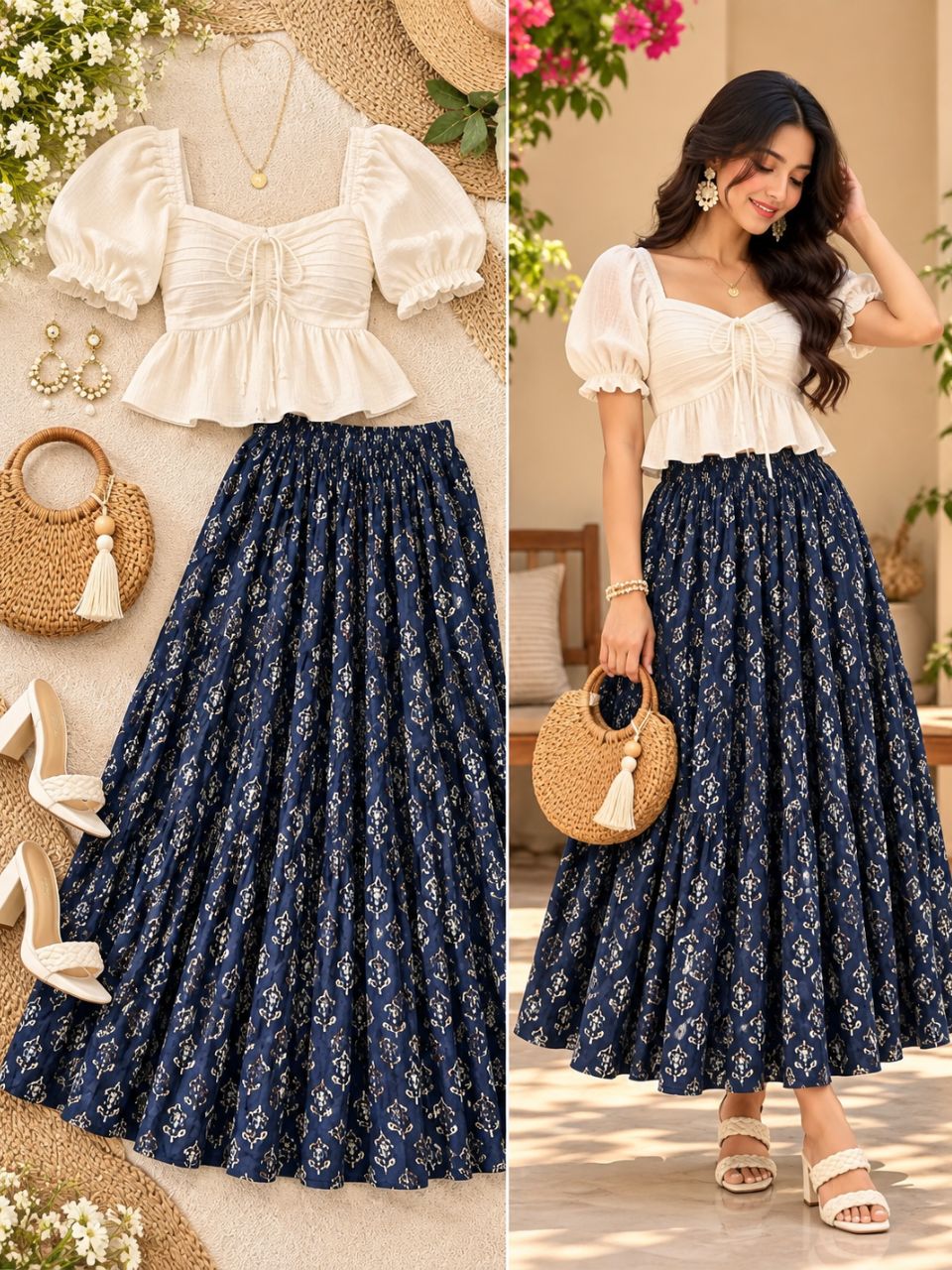 Casual Cotton Navy Blue Floral Naina Indian Skirt