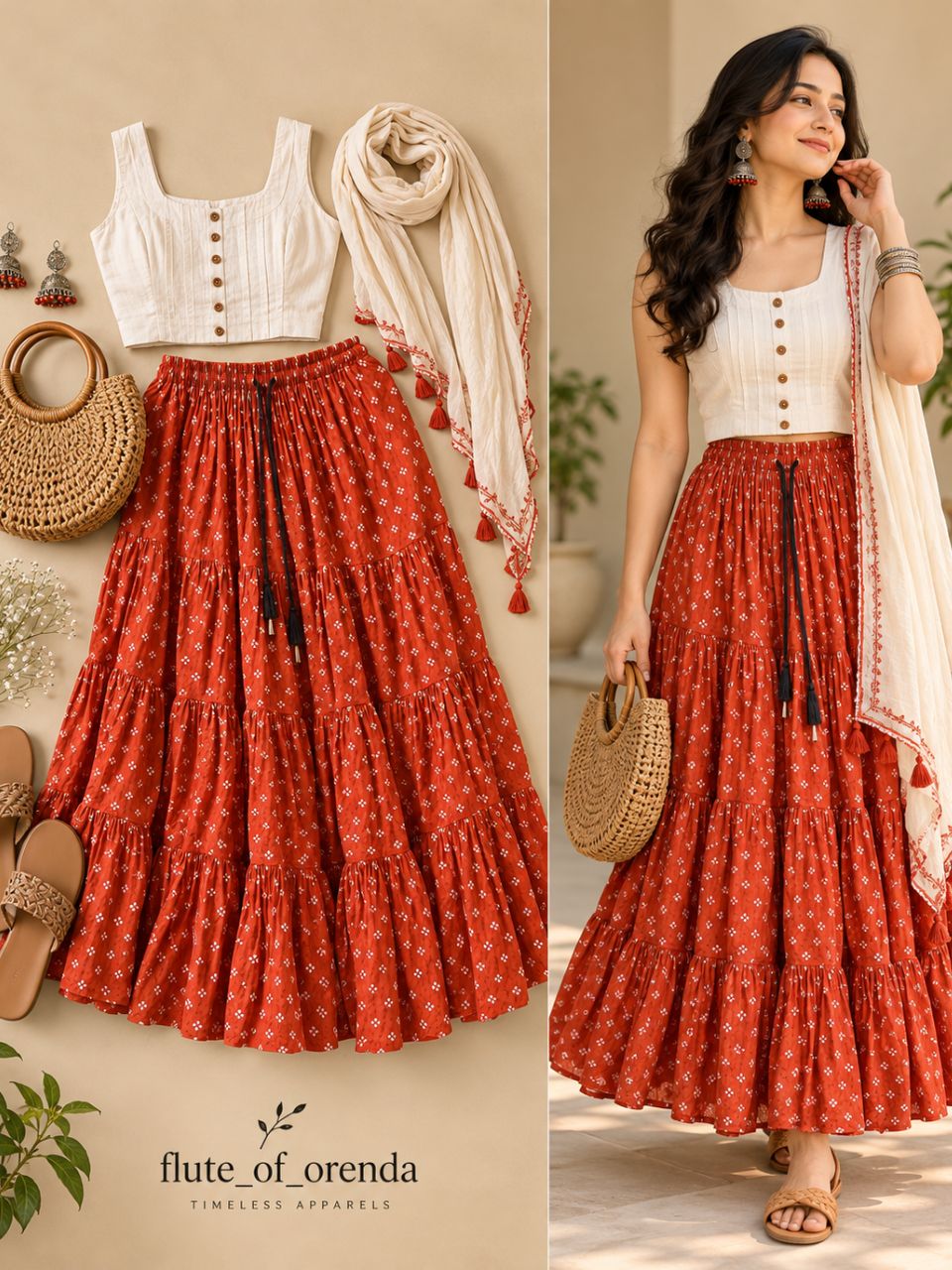 Casual Cotton Orange Floral Padmini Indian Skirt
