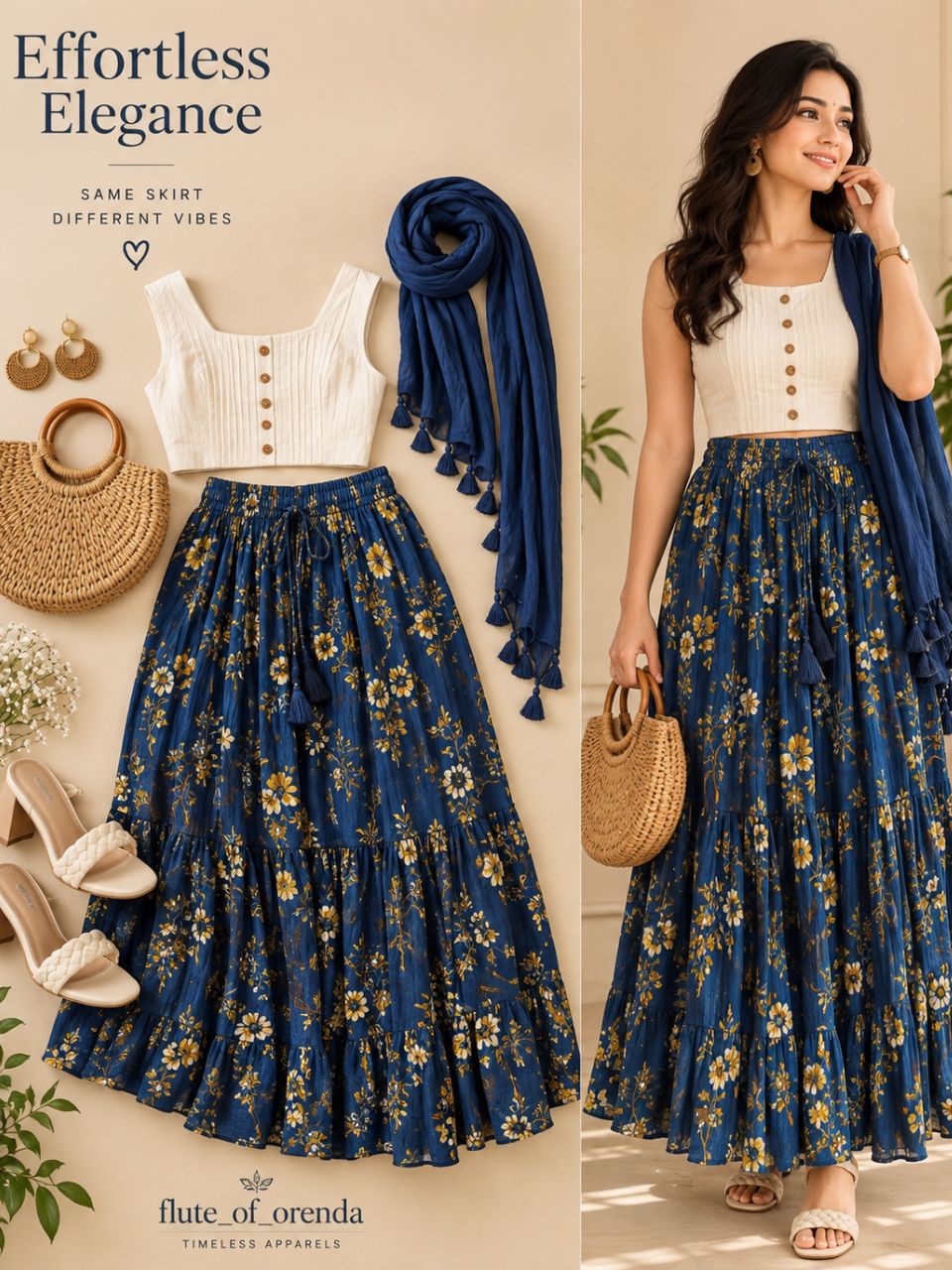 Casual Cotton Navy Blue Floral Nandini Indian Skirt