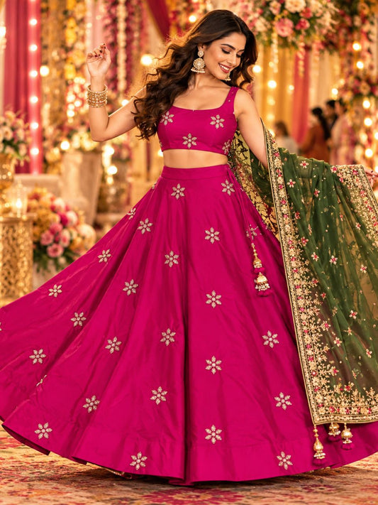 Chanderi Silk Magenta Mili Embroidered Indian Skirt