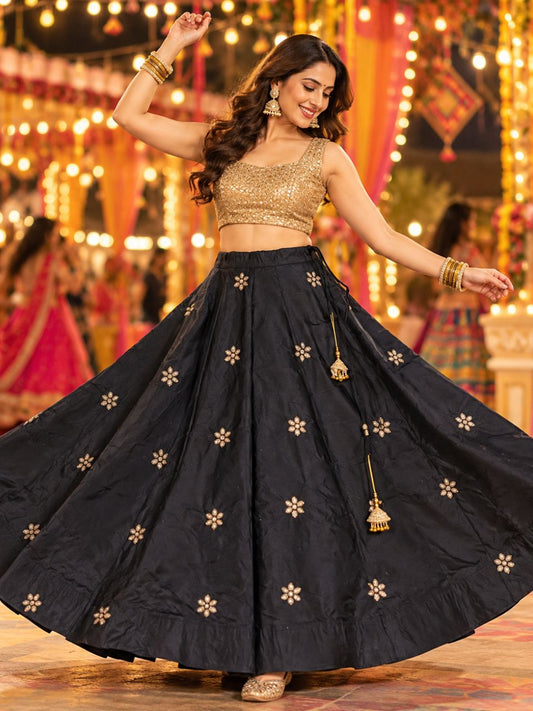 Chanderi Silk Black Shreya Embroidered Indian Skirt