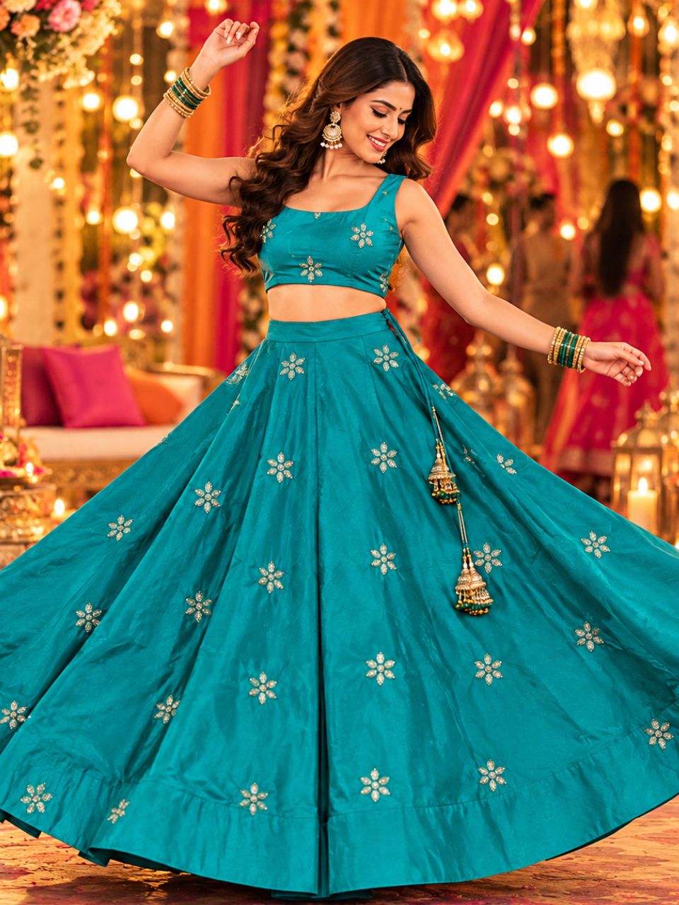 Chanderi Silk Turquoise Taruni Embroidered Indian Skirt