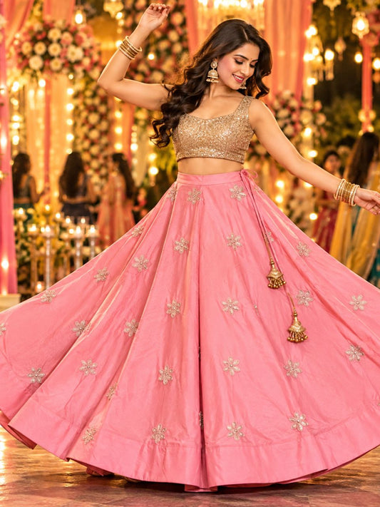 Chanderi Silk Pink Rosy Embroidered Indian Skirt