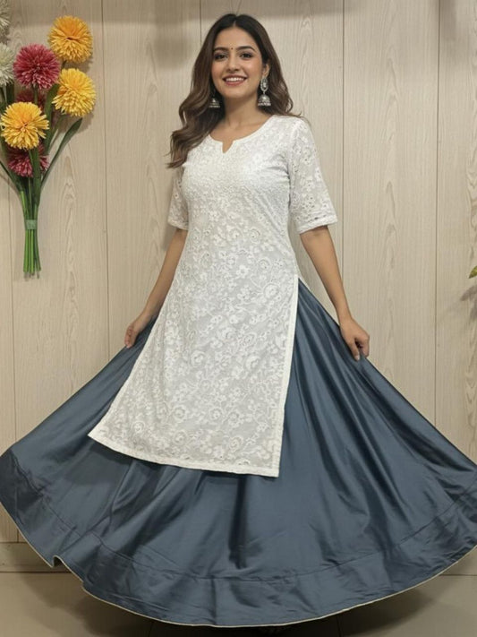 Flared Gray Tarika Silk Indian Skirt