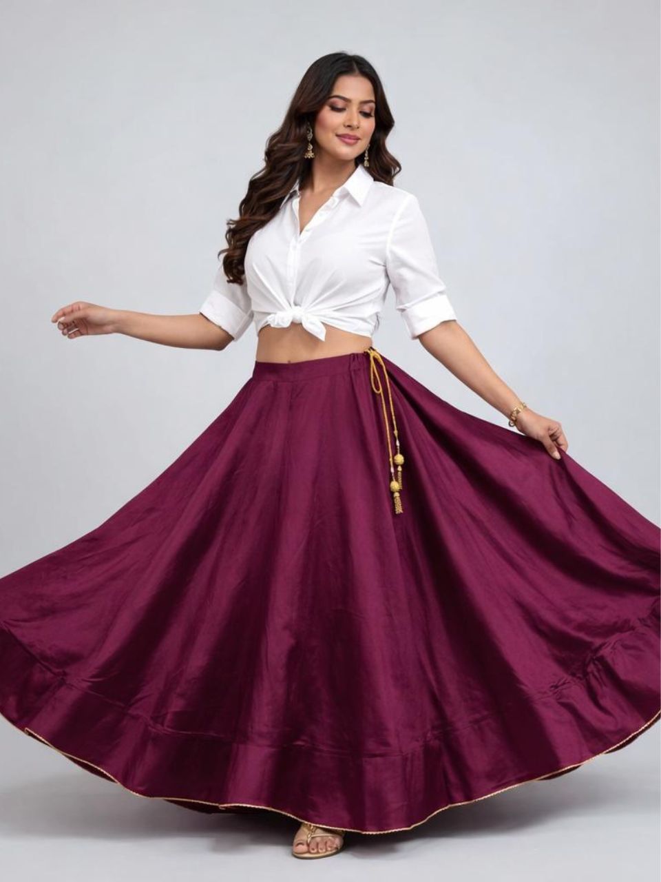 Flared Maroon Radha Silk Indian Skirt