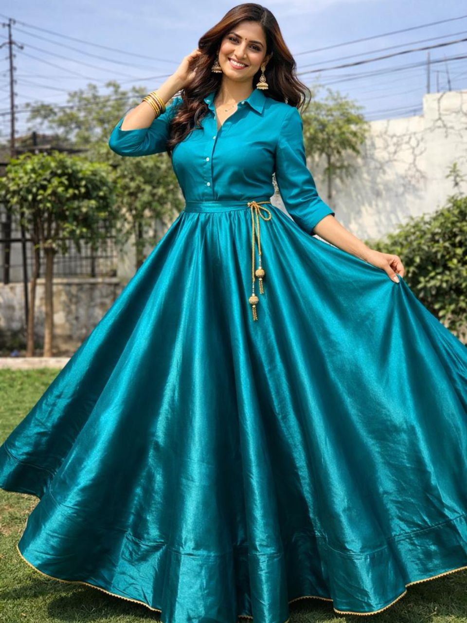 Flared Blue Babita Silk Indian Skirt