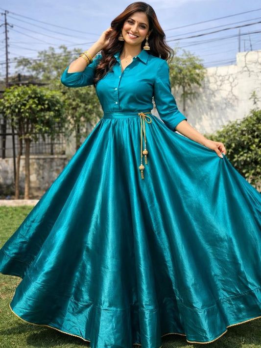 Flared Blue Babita Silk Indian Skirt